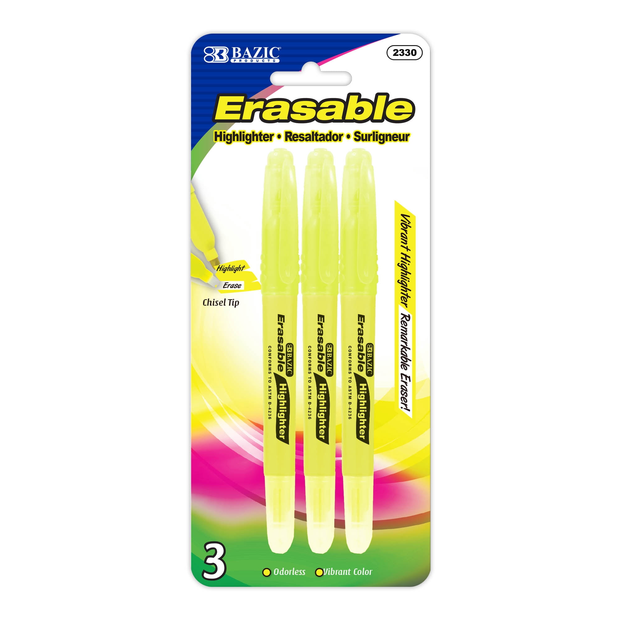BAZIC Erasable Highlighter Chisel Unscented Erase Marker (3/Pack), 1-Pack