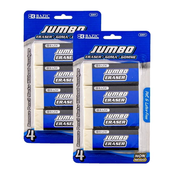 BAZIC Erasers Jumbo Vinyl Pencil Eraser Latex Free (4/Pack), 2-Packs
