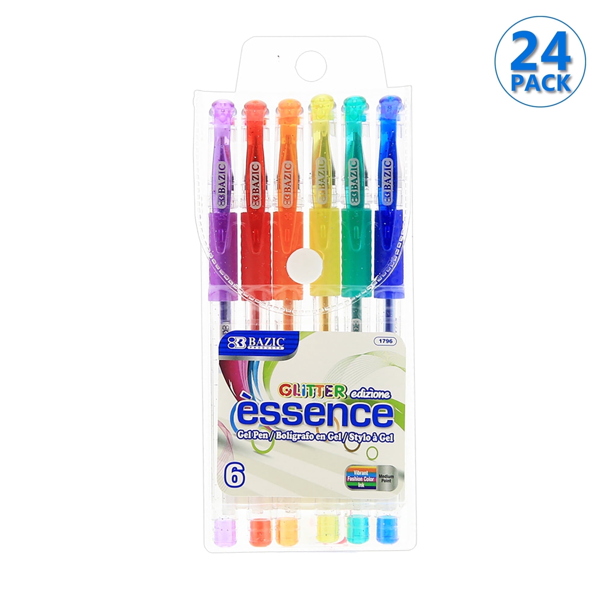 BAZIC Essence Gel Pen 1.0mm Glitter Color, Comfort Grip, (6/Pack), 24-Pack