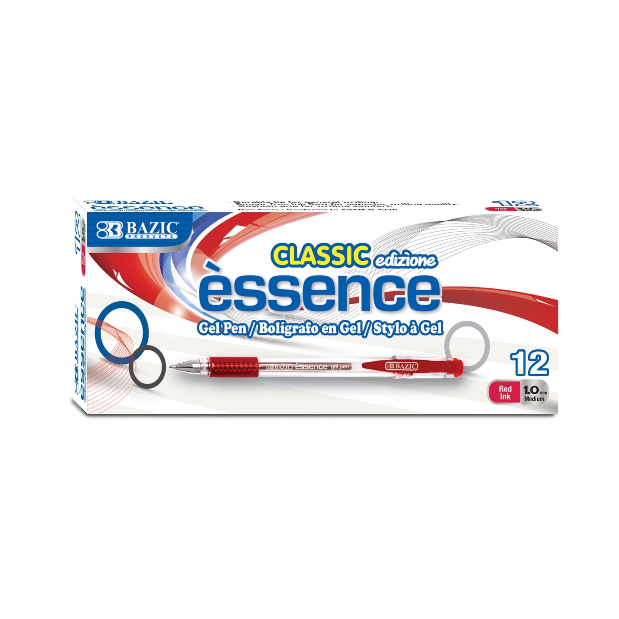 BAZIC Essence Gel Pen, Medium Point 1.0mm Red Pen, Comfort Grip, 12 Count, 12-Packs