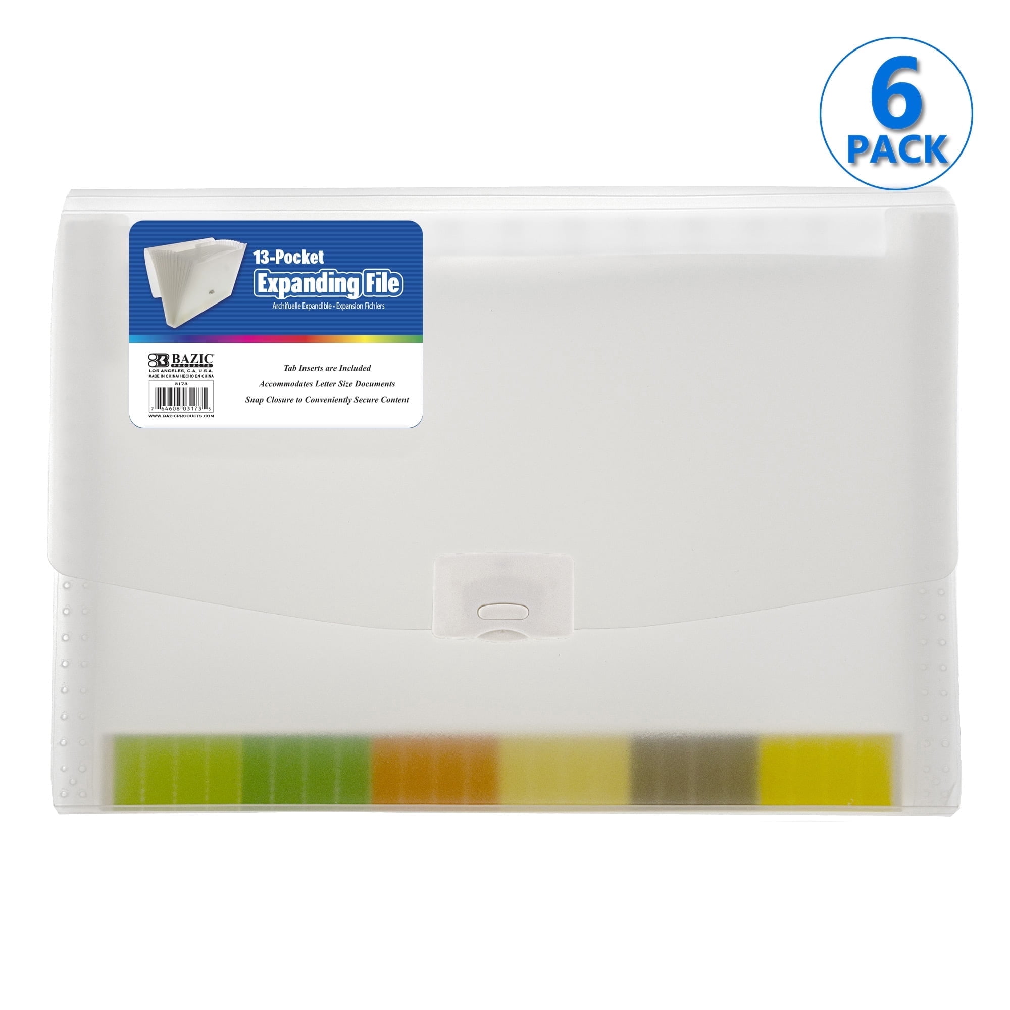 BAZIC Expanding File Folder 13 Pockets Color Tab, Document Envelopes, 6-Pack