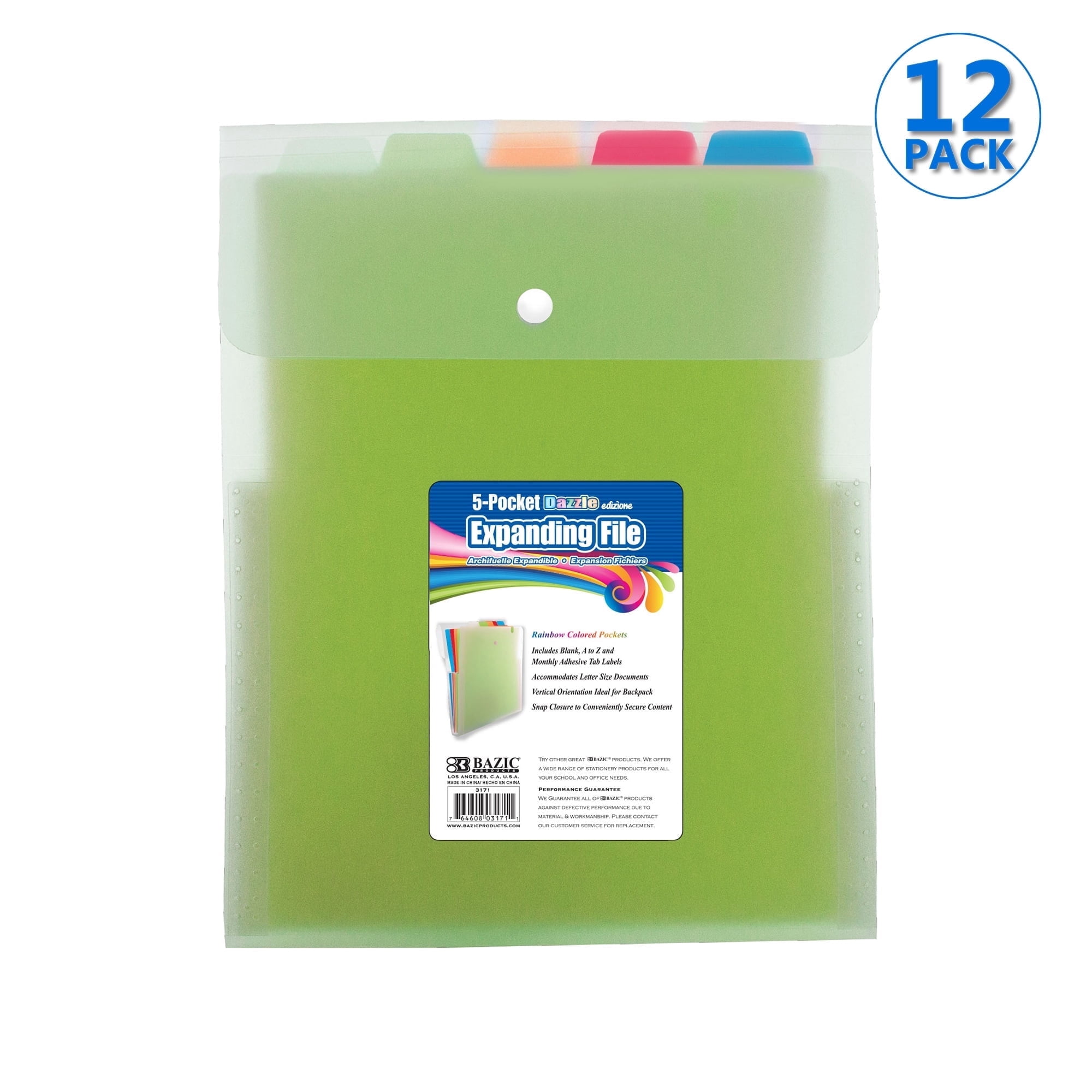 BAZIC Expanding File Folder 5 Pockets w/ Tab, Letter Size Plastic File Pocket Folders, 12-Pack
