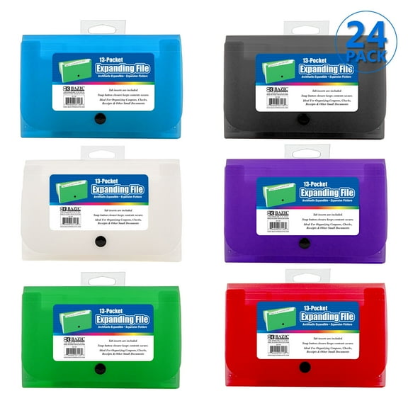 BAZIC Expanding File Plastic Folder 13 Pockets Coupon Size Envelopes, 24-Pack