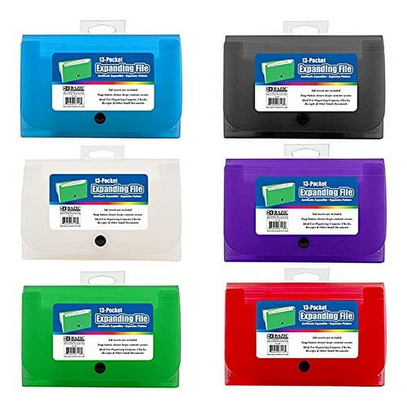 BAZIC Expanding File Plastic Folder 13 Pockets Coupon Size Envelopes, 6-Pack