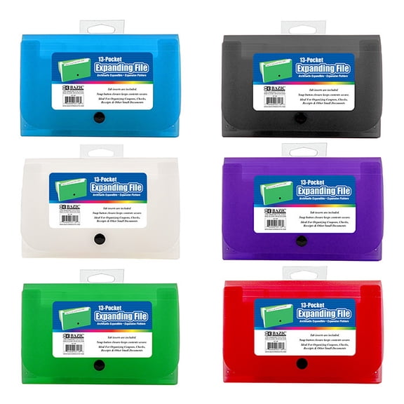 BAZIC Expanding File Plastic Folder 13 Pockets Coupon Size Envelopes, 6-Pack