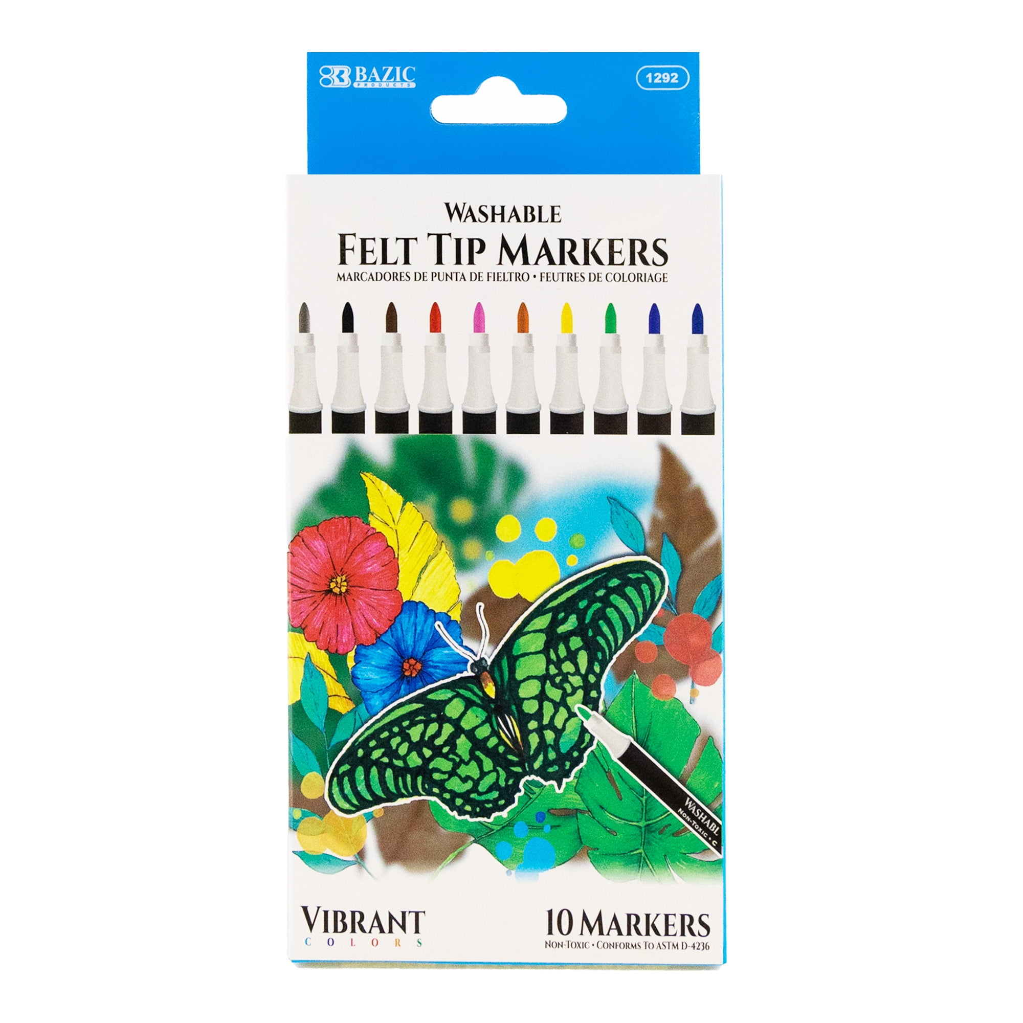 BAZIC Felt Washable Markers 10 Colors, Fine Line Coloring Marker, Non