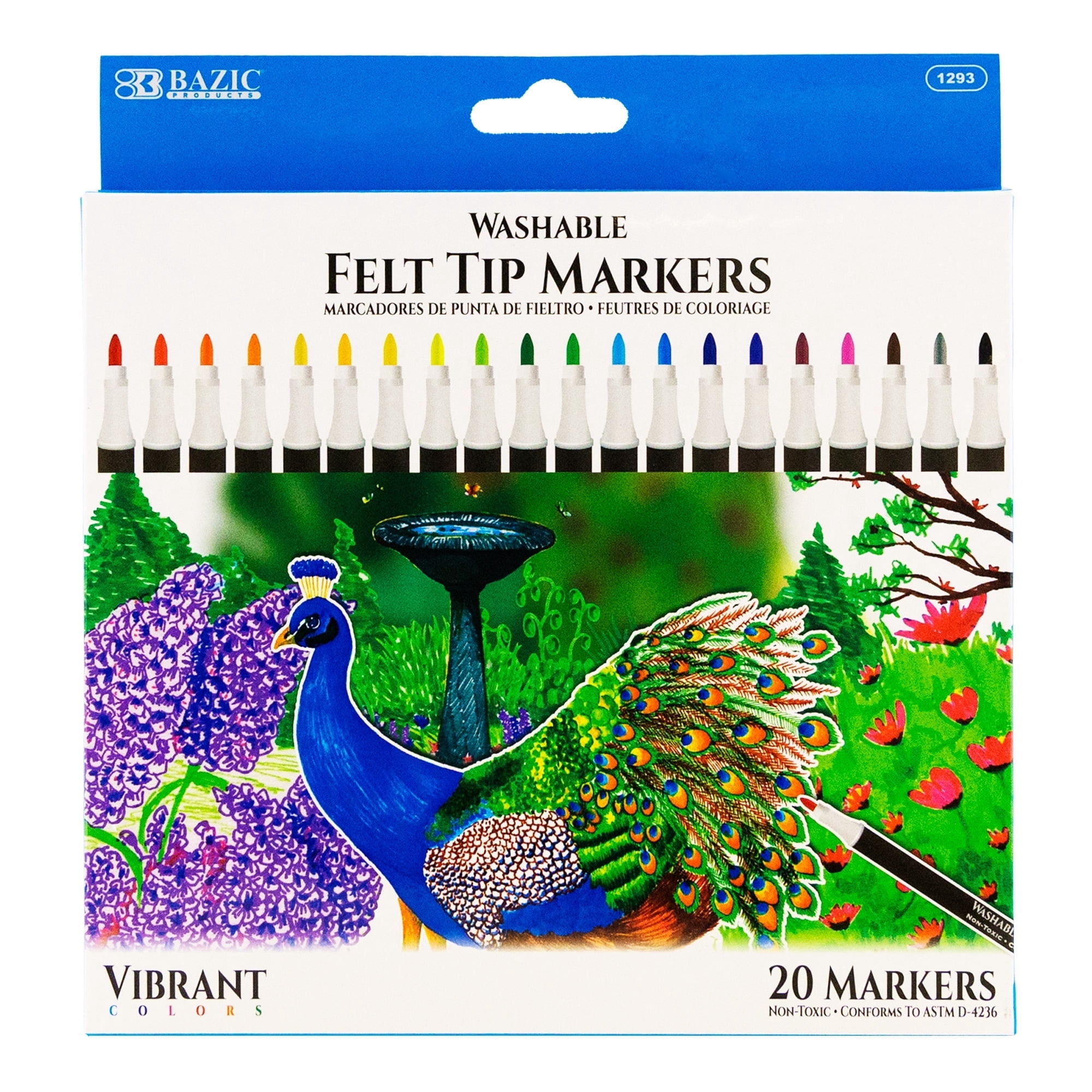BAZIC Felt Washable Markers 20 Colors, Fine Line Coloring Marker, Non Toxic Art Supplies (20/Pack), 1-Pack