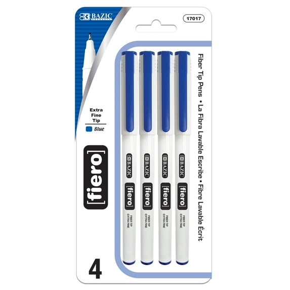 BAZIC Fiero Blue Fiber Tip Fineliner Pen, 0.4mm Extra Fine Tip (4/Pack), 24-Pack