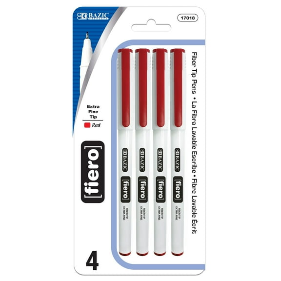 BAZIC Fiero Red Fiber Tip Fineliner Pen, 0.4mm Extra Fine Tip (4/Pack), 1-Pack