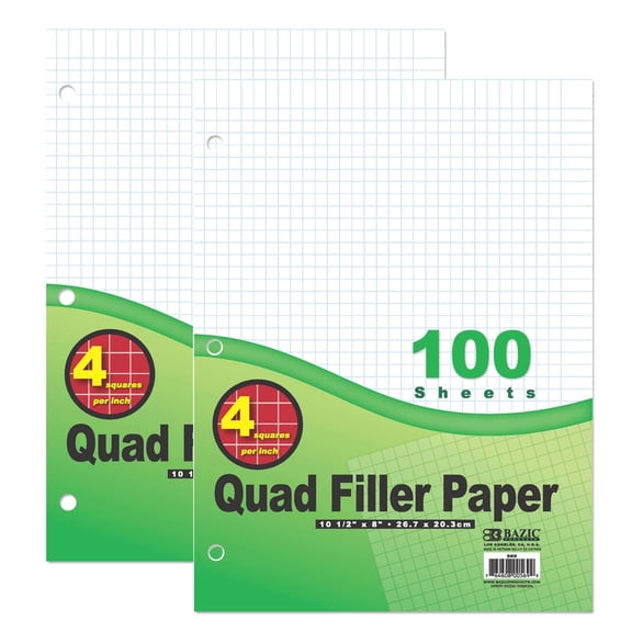 BAZIC Filler Paper Loose Leaf 100 Sheet, 4-1" Quad Ruled, 2-Packs