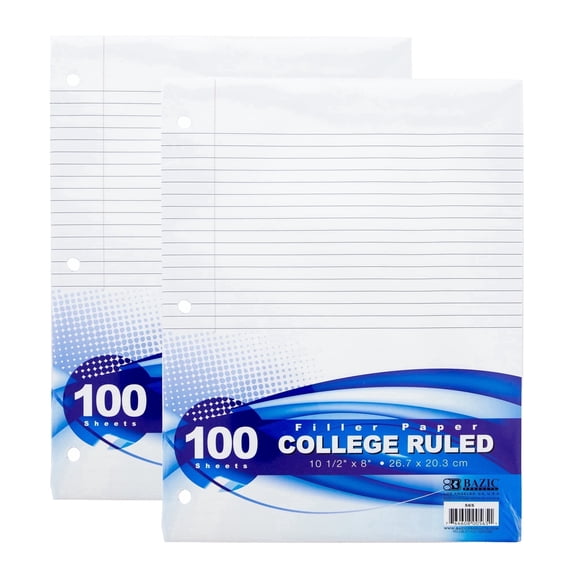 BAZIC College Ruled Loose Leaf Filler Paper, 100 Sheets, 2-Packs