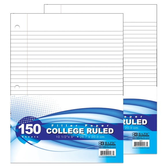 BAZIC Filler Paper Loose Leaf 150 Sheet, College Ruled 3 Hole Punched, 2-Packs