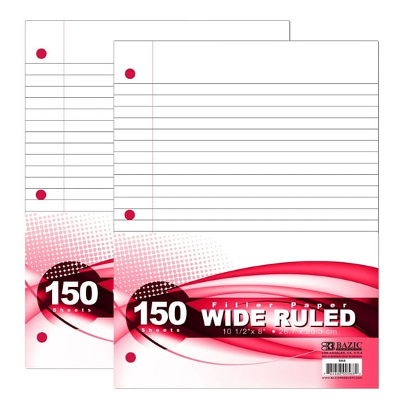 BAZIC Filler Paper Loose Leaf 150 Sheet, Wide Ruled 3 Hole Punched, 2-Packs