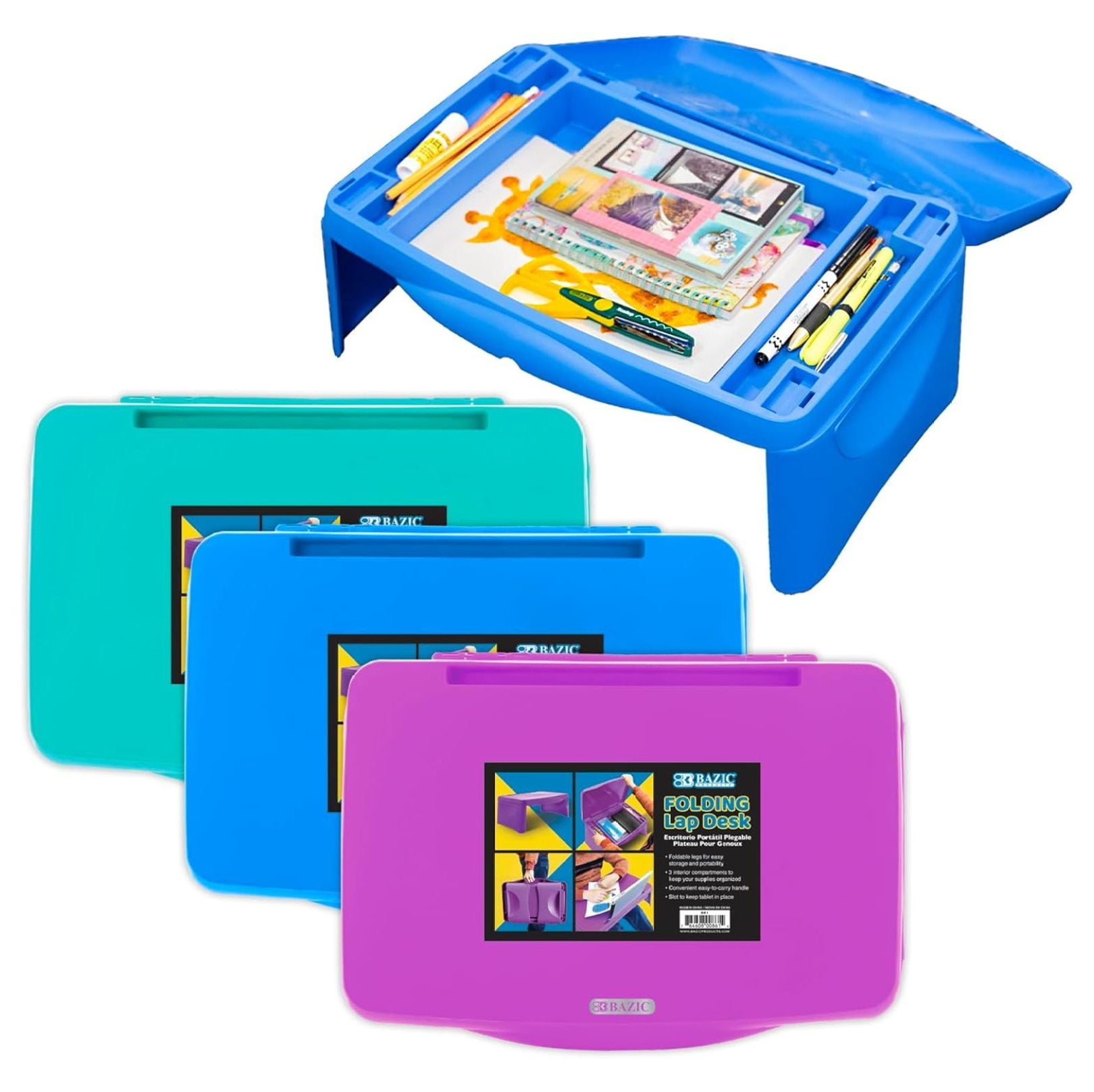 BAZIC Folding Lap Desk with Storage, Foldable Desk Collapsible Lap Table Laptop Tray, Portable Plastic Lapdesk for Drawing Writing Studying Eating, Assorted Colors, 3-Pack