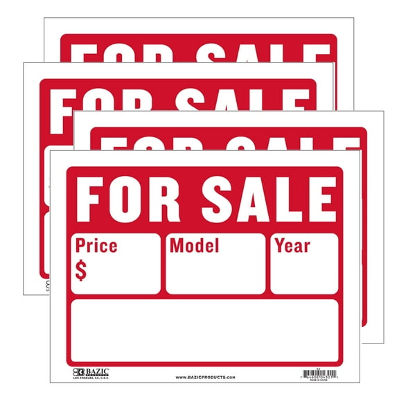 BAZIC For Sale Sign 9"X12" (2-Line), Model Year Phone Number, 4-Pack
