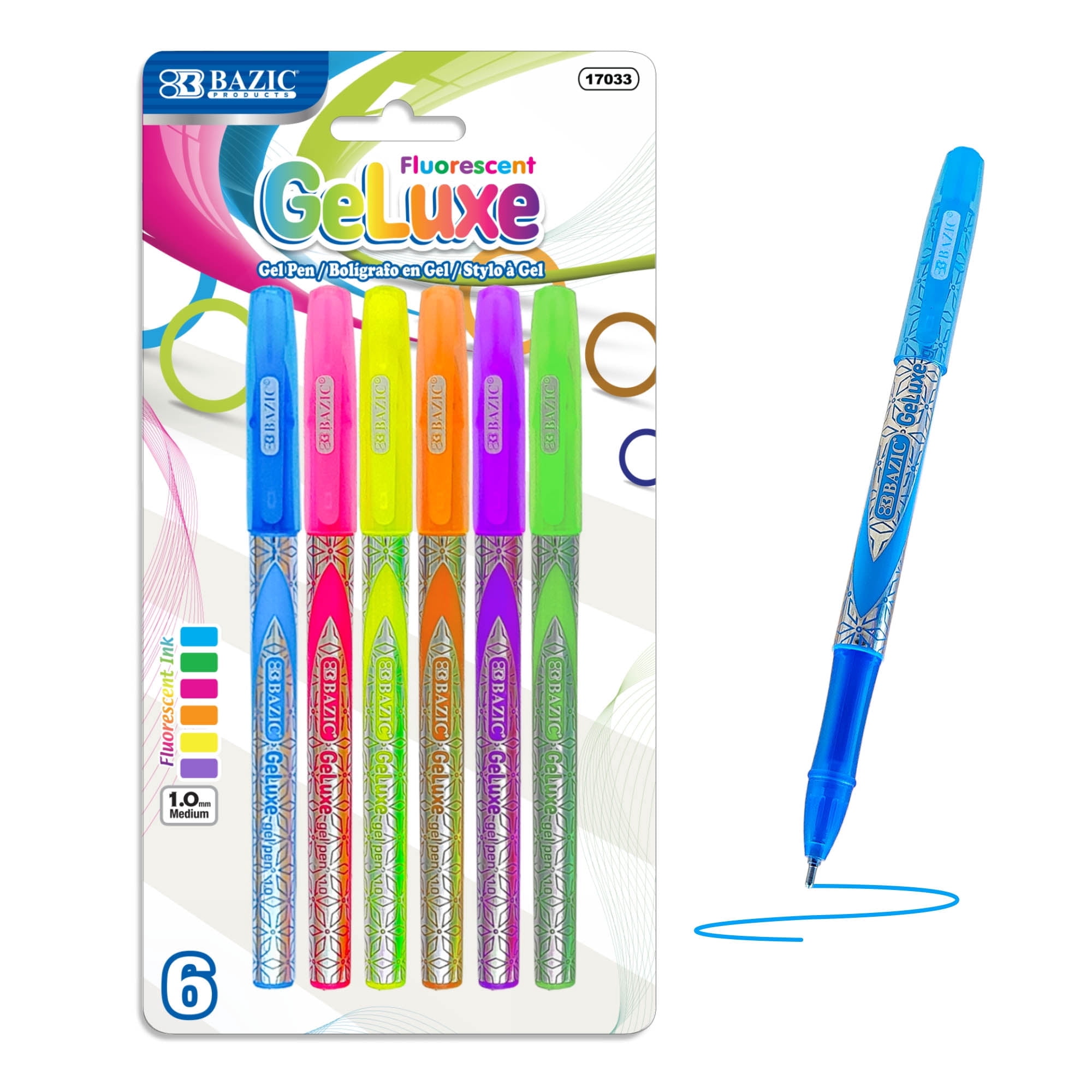 BAZIC GeLuxe Gel Ink Roller Pen, Assorted Fluorescent Colors, 1.0 mm Medium Point (6/Pack), 1-Pack