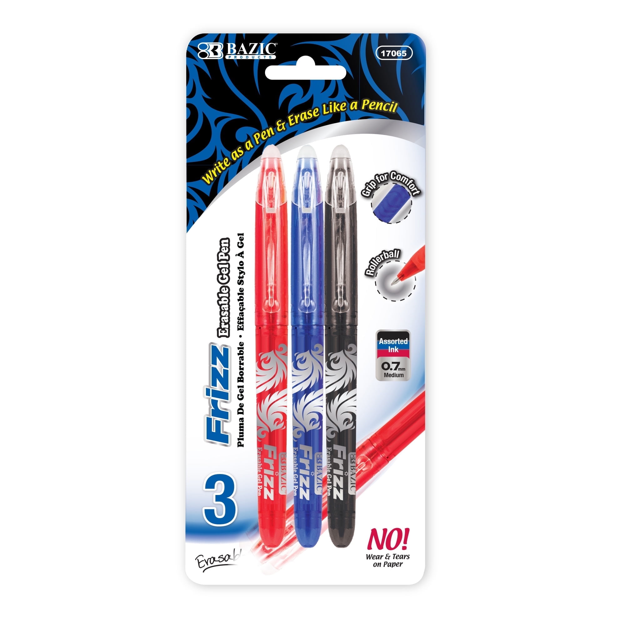 BAZIC Frizz Erasable Gel Pen 0.7mm Assorted Color, (3/Pack), 1-Pack