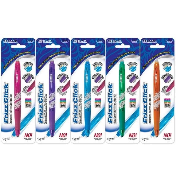 BAZIC Frizz Erasable Gel Pen 0.7mm Assorted Color, Retractable Pen, 5-Pack
