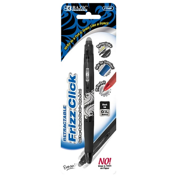 BAZIC Frizz Erasable Gel Pen 0.7mm Black Color, Retractable Pen, 24-Pack