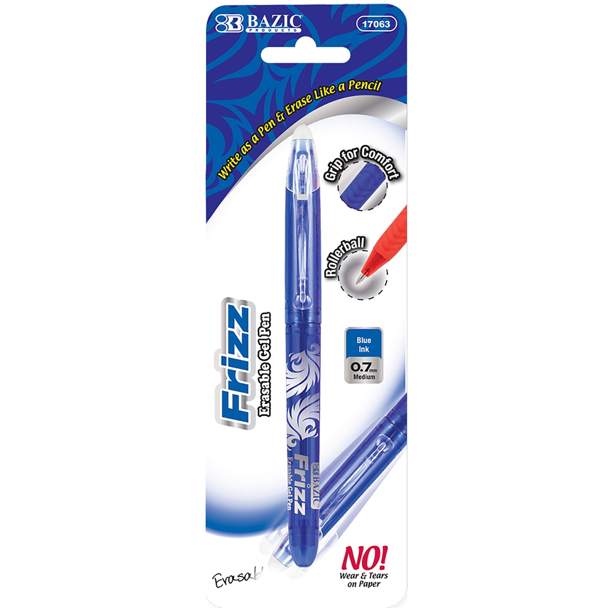 BAZIC Frizz Erasable Gel Pen 0.7mm Blue Color, Pen Mistake Eraser, 24-Pack