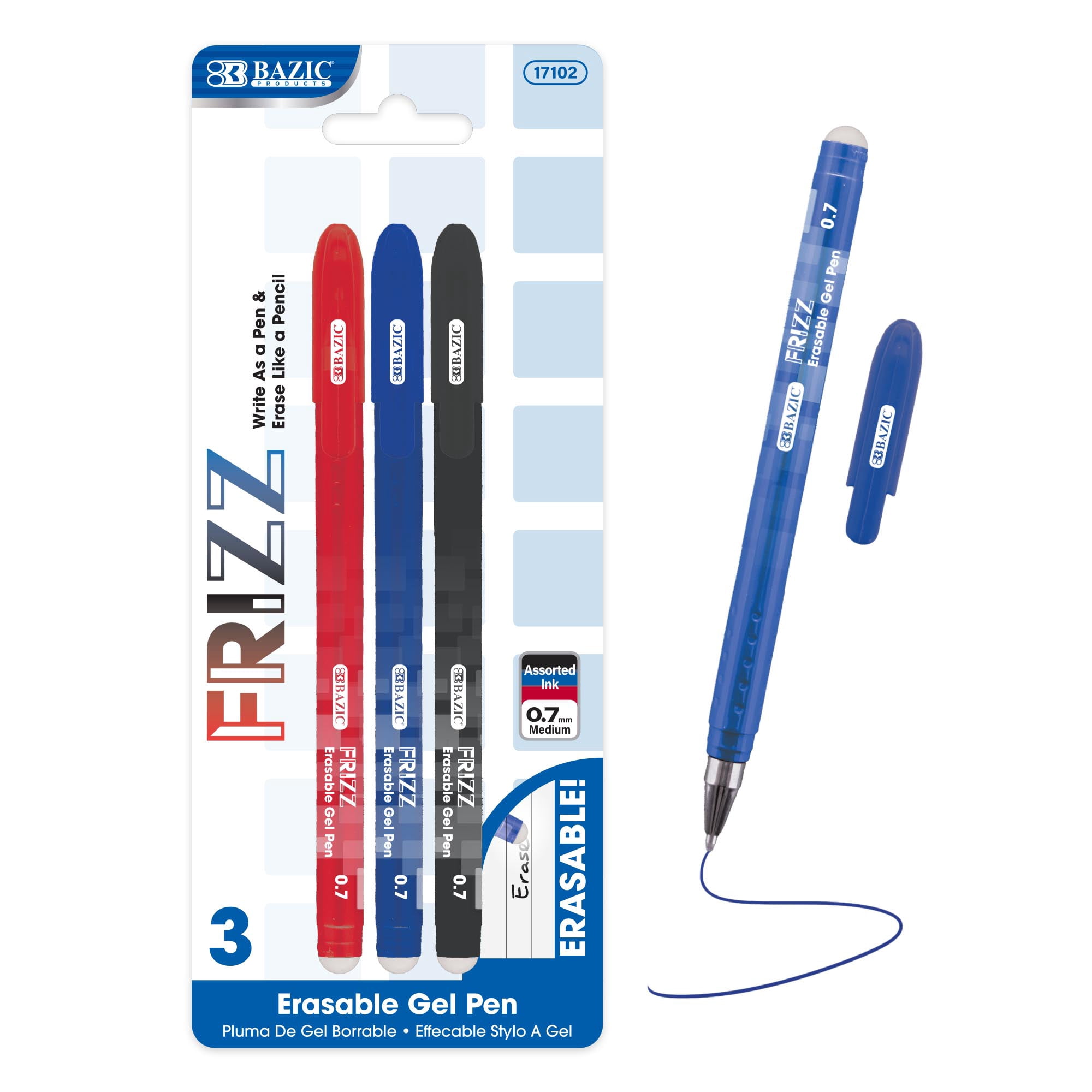 BAZIC Frizz Erasable Gel Pens, 0.7mm Medium Point, Assorted Colors Ink, 1-Pack