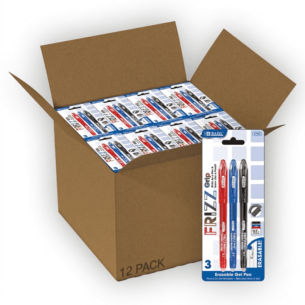 BAZIC Frizz Erasable Gel Pens, 0.7mm Medium Point, Assorted Colors Ink, Comfort Grip, 12-Pack