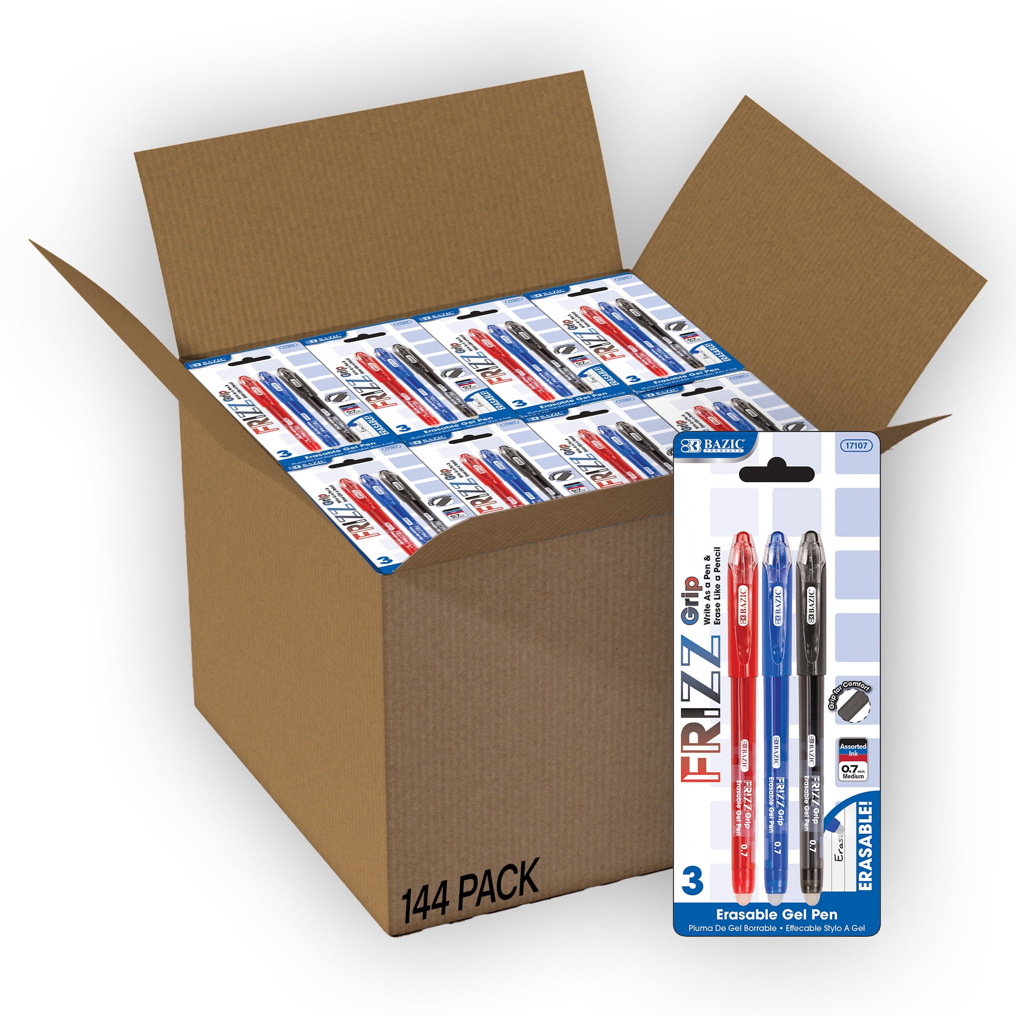 BAZIC Frizz Erasable Gel Pens, 0.7mm Medium Point, Assorted Colors Ink, Comfort Grip, 144-Pack