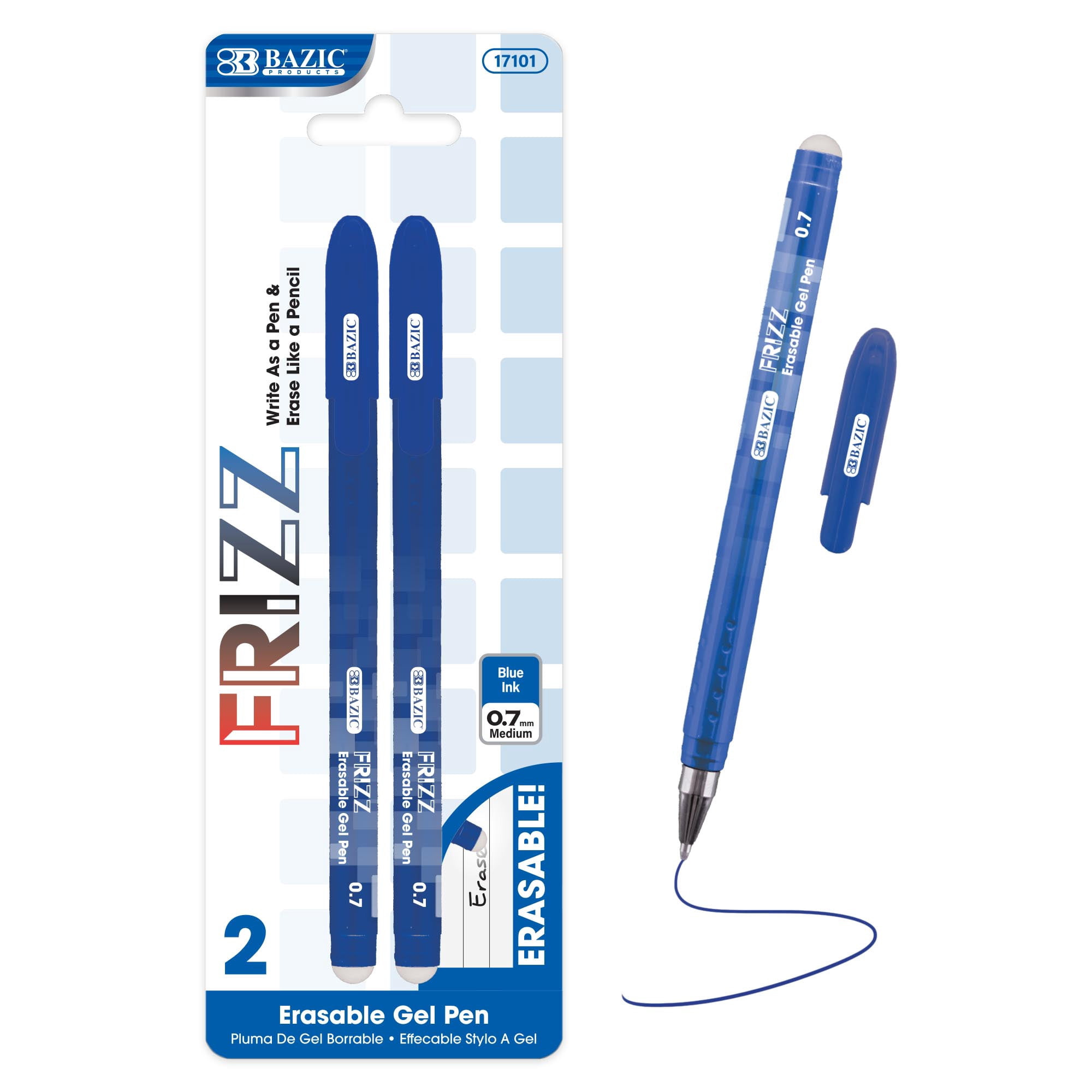 BAZIC Frizz Erasable Gel Pens, 0.7mm Medium Point, Blue Ink, 2 Per Pack, 144-Pack