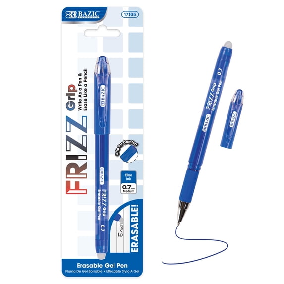 BAZIC Frizz Erasable Gel Pens, 0.7mm Medium Point, Blue Ink, Comfort Grip, 24-Pack
