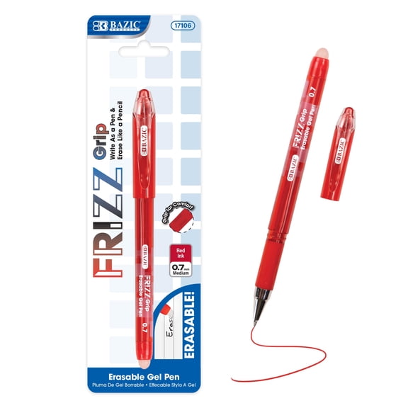 BAZIC Frizz Erasable Gel Pens, 0.7mm Medium Point, Red Ink, Comfort Grip, 1-Pack
