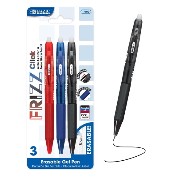 BAZIC Frizz Retractable Erasable Gel Pens, 0.7mm Medium Point, Assorted Colors Inks, Comfort Grip, 1-Pack
