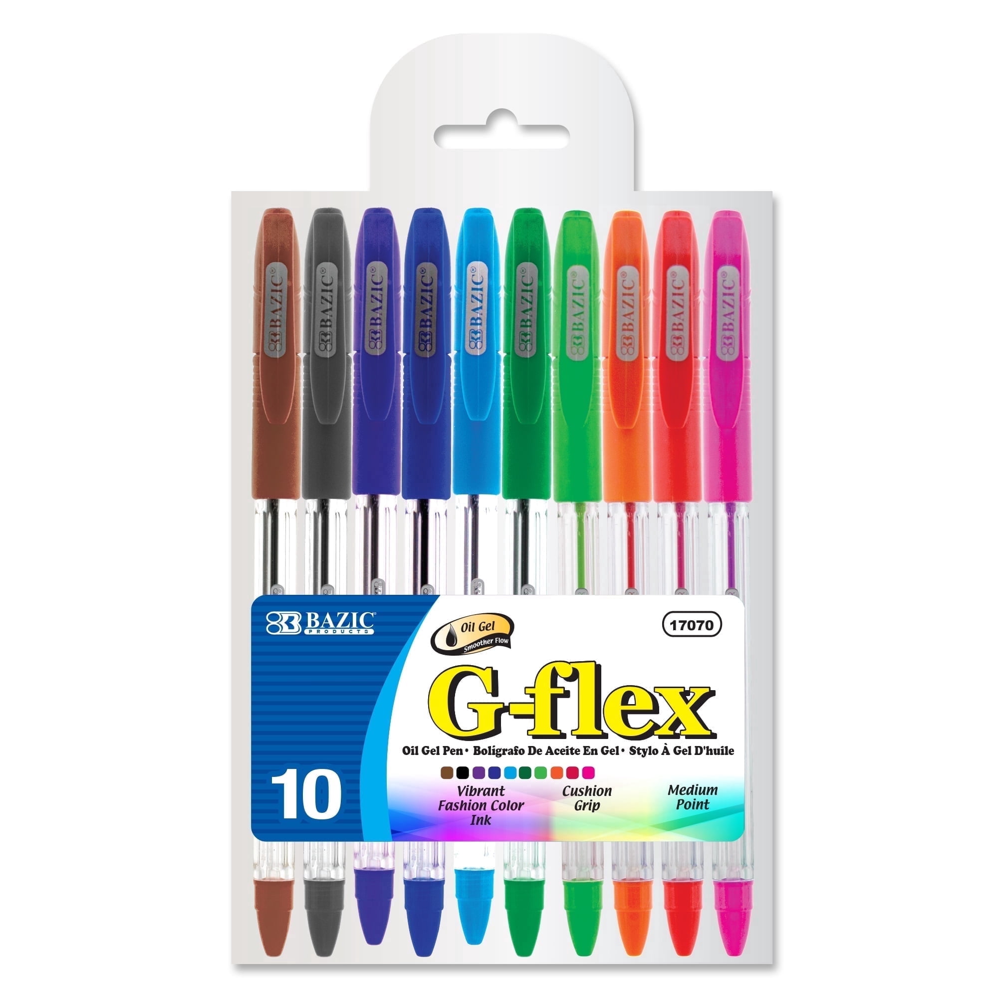 BAZIC G-Flex 10 Color Oil Gel Ink Pen, 0.7 mm, Soft Grip (10/Pack), 1-Pack
