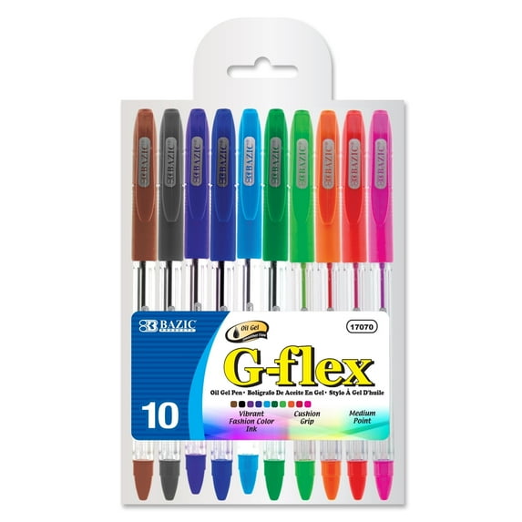 BAZIC G-Flex 10 Color Oil Gel Ink Pen, 0.7 mm, Soft Grip (10/Pack), 12-Pack