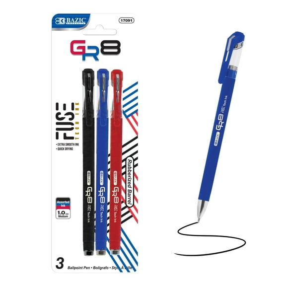BAZIC GR8 Fuse Ink Ballpoint Pens, Assorted, 1.0 mm, 3 Ct