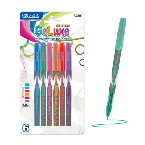 BAZIC GeLuxe Gel Ink Roller Pen, Assorted Glitter Colors, 1.0 mm Medium Point (6/Pack), 1-Pack