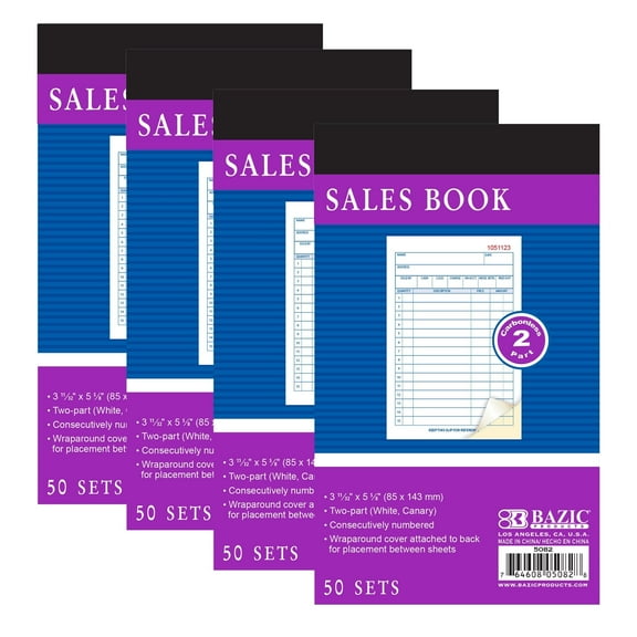 BAZIC General Purpose Sales Order Book, 3 11/32" x 5 5/8", 50 Sets Per Book, 2 Part Carbonless, White & Canary, Bound Wraparound Cover, 4 Books