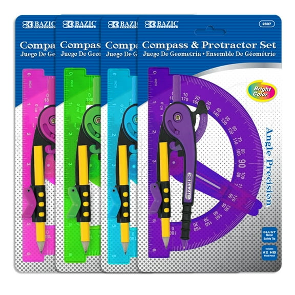 BAZIC Geometry Math Compass Set, Scale-Arm 6" Swing Arm Protractor, 24-Pack
