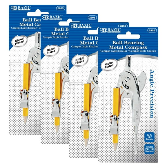 BAZIC Geometry Math Compass Set, Scale-Arm, Nickel Plated Drawing Tool, 4-Pack