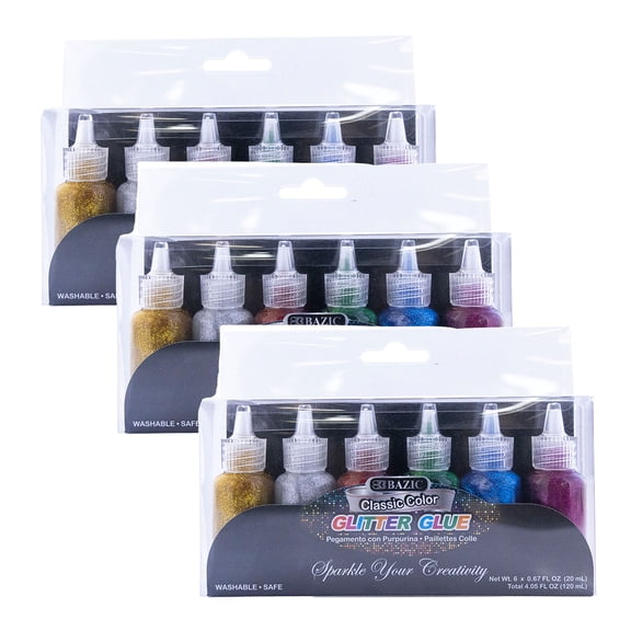 BAZIC Glitter Glue, 6 Classic Colors, 0.67 fl oz Tubes, Washable, Pack of 3