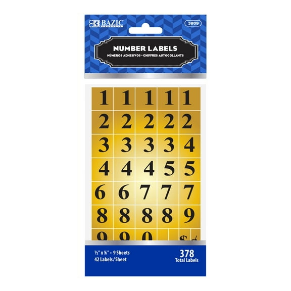 BAZIC Gold Foil Number Label, 0 to 9 Numbers 1/2"X5/8" (378/Pack), 1-Pack