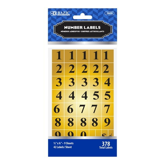 BAZIC Gold Foil Number Label, 0 to 9 Numbers 1/2"X5/8" (378/Pack), 24-Packs