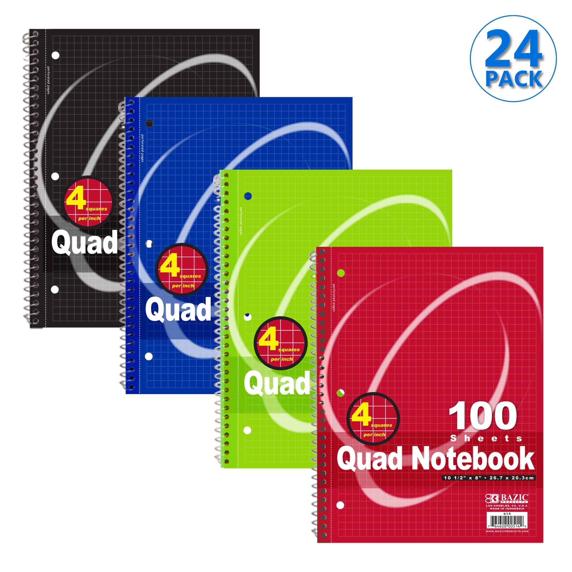 BAZIC Graph Quad-Ruled 4-1" Spiral Notebook 100 Sheet, 24-Pack