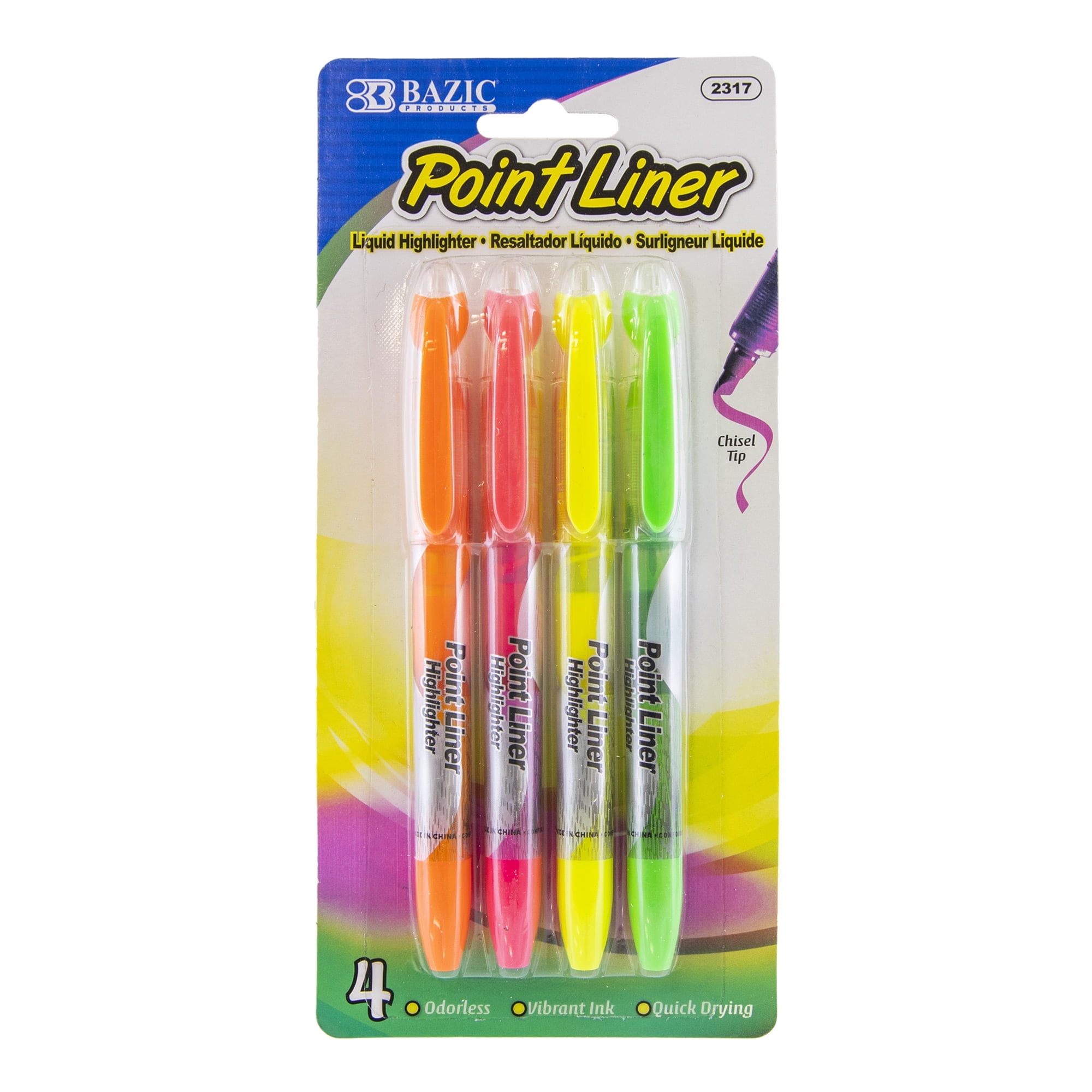 BAZIC Highlighter Assorted Color Chisel Broad Line Marker (4/Pack), 24-Packs