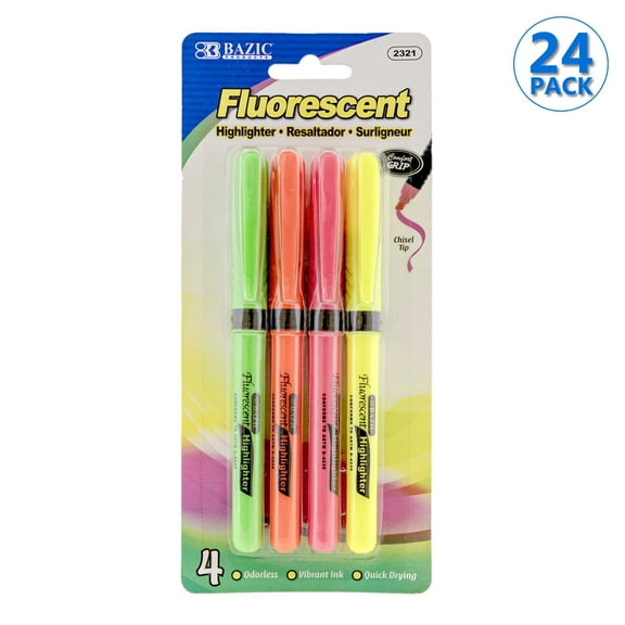 BAZIC Highlighter Assorted Color Chisel Tip Marker (4/Pack), 24-Packs
