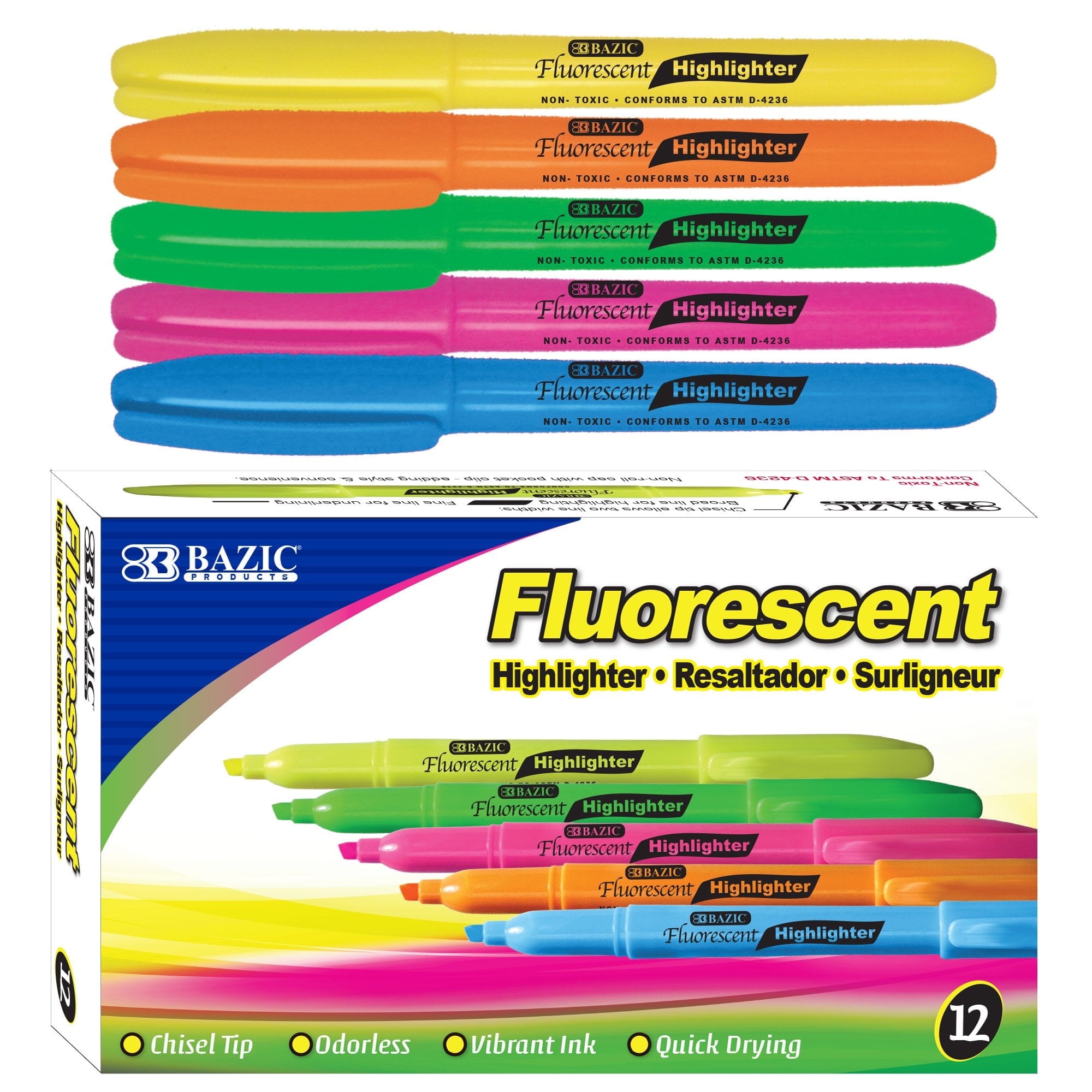 BAZIC Highlighter Assorted Color Chisel Tip Marker, Total 12-Count