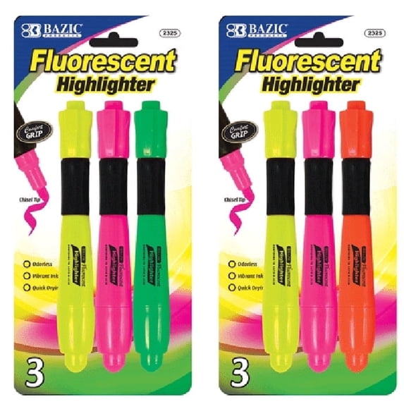 BAZIC Highlighter Assorted Color Desk Style Chisel Tip Marker (3/Pack), 2-Packs