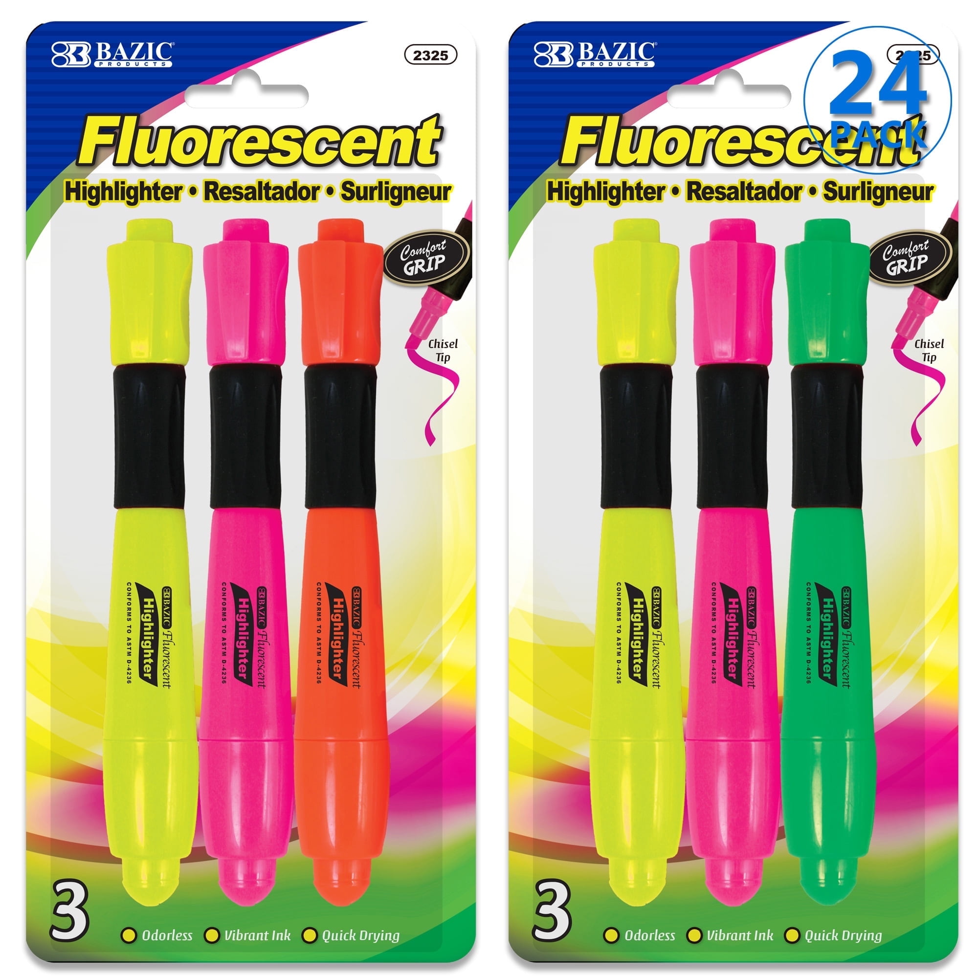 BAZIC Highlighter Assorted Color Desk Style Chisel Tip Marker (3/Pack), 24-Packs