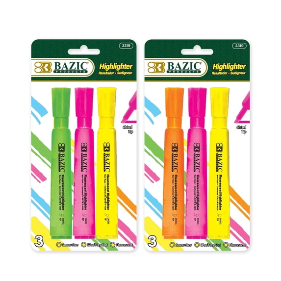 BAZIC Highlighter Assorted Color Desk Style Chisel Tip Marker (3/Pack), 24-Packs