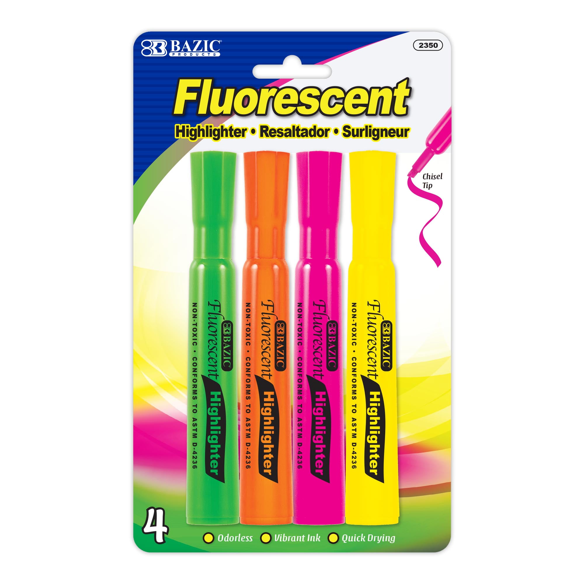 BAZIC Highlighter Assorted Color Desk Style, Chisel Tip, Unscented (4/Pack), 24-Packs
