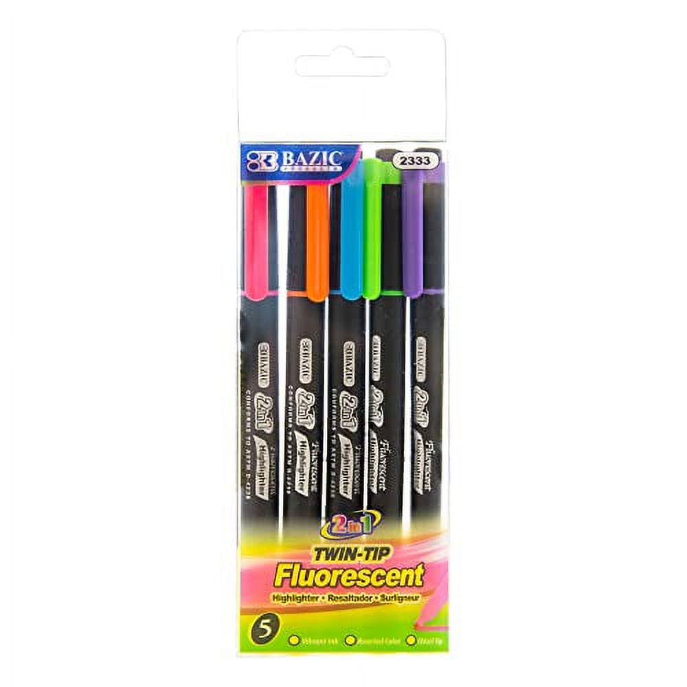 BAZIC Highlighter Double Tip Pen, Broad Line Fine Point Highlighters, Unscented Assorted Color